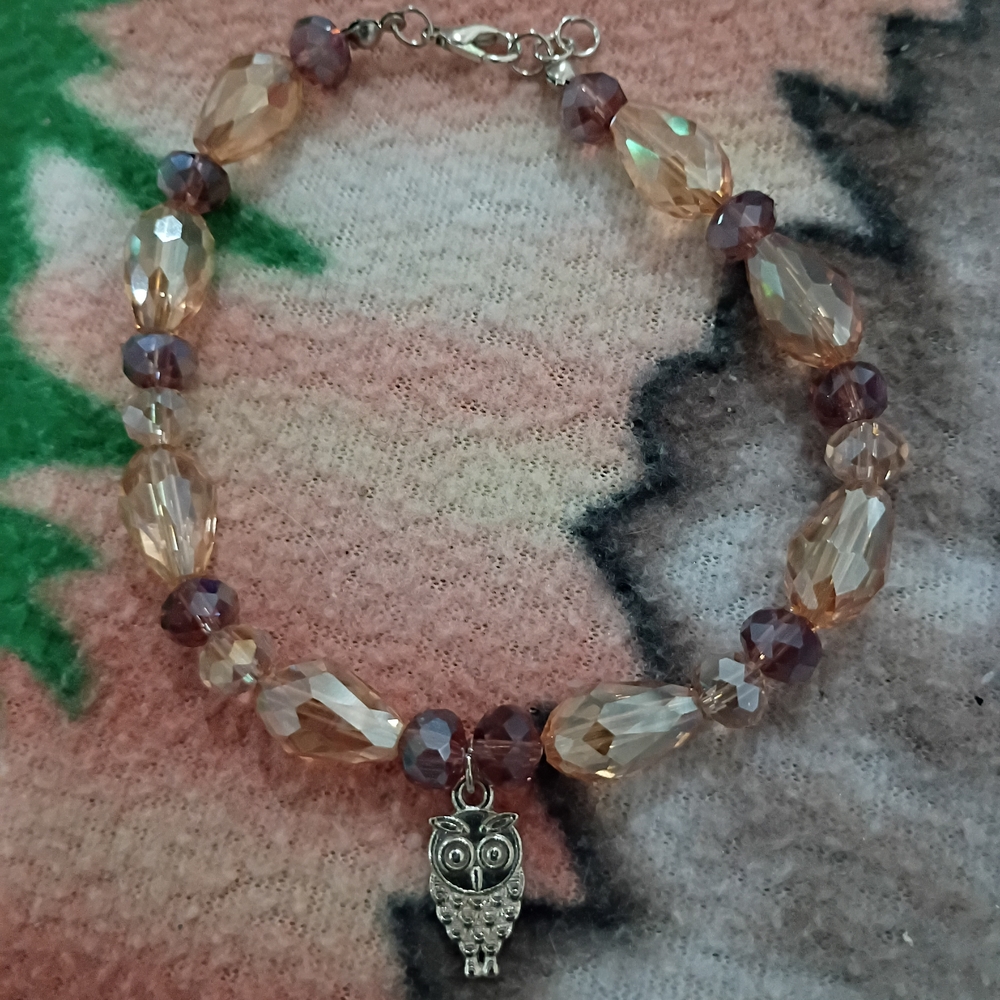 Crystal Bead Owl Charm Bracelet - Peach and Mauve